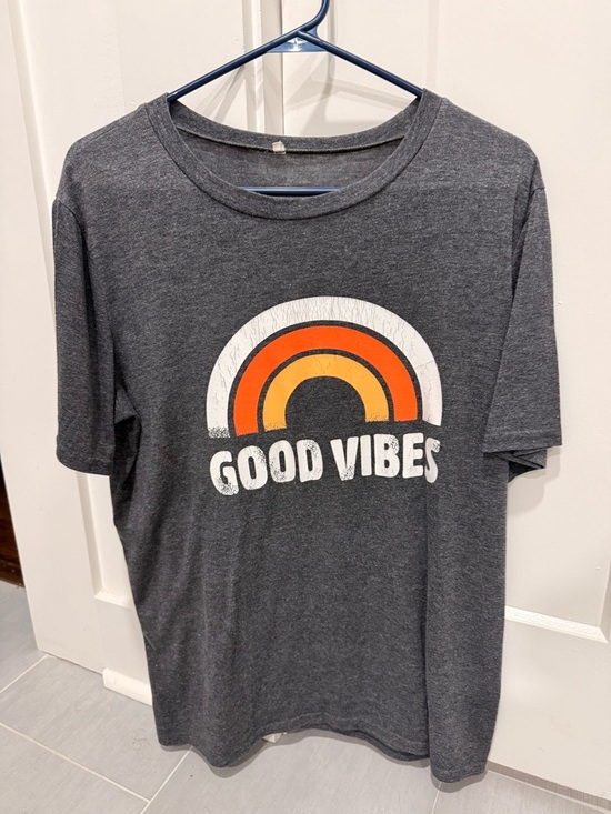 Tops - Good Vibes Graphic Tee - Charcoal with Orange & Yellow Rainbow